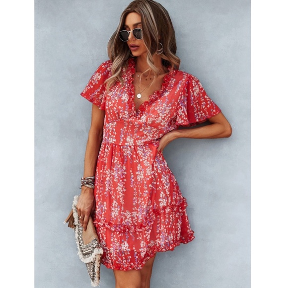 Floral Red Dress Summer V-Neck Short Mini - Picture 3 of 7